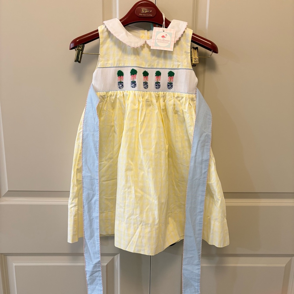 Yellow and Blue Sleeveless Smocked Dress with Embroidered Detail- NWT